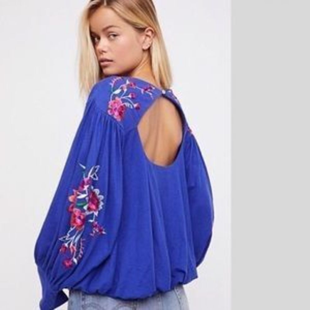 Free People Embroidered Balloon Sleeve Lita Boho Blouse Pullover Small‎